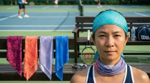 A variety of colorful and patterned cooling bandanas designed for stylish tennis players on the court.