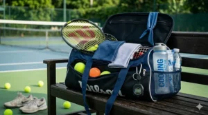 A tennis gear bag layout featuring a racket, balls, and a folded cooling bandana for match day.
