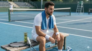 A professional tennis player using a damp PVA cooling towel during a match break to prevent overheating.