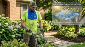 Illustration of a sun-shielding neck gaiter with a UPF 50 rating to protect landscapers from UV rays.