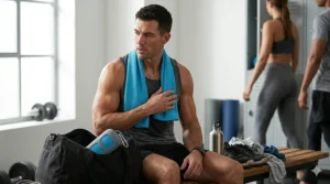 A photorealistic 4K image capturing an athlete sitting on a gym bench using the chilled, neon blue microfiber cooling towel around their neck for relief.