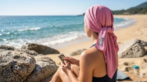 A person using a top rated microfiber cooling towel as a headwrap for sun protection at the beach.
