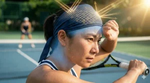 Graphic highlighting the UPF 50 sun protection features of a performance cooling bandana for outdoor tennis.