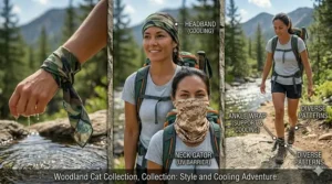 Illustration of different ways to wear a patterned cooling bandana as a headband, neck wrap, or wristband.