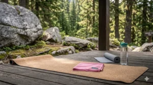 A pink microfiber cooling towel draped over a yoga mat for sweat management and temperature control.