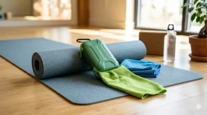 A cooling towel draped over a yoga mat with its matching portable travel case nearby.