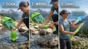 Three-step illustration showing how to soak and wring a cooling towel for hiking.