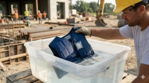 Close-up of a blue cooling vest being submerged in water to activate the internal polymer crystals.