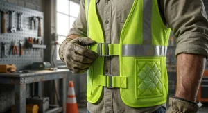 Side view of a cooling work vest showing the adjustable straps for a secure fit over work uniforms.