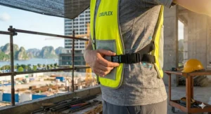 Detailed view of the adjustable side straps on a removable ice pack cooling vest for a snug, ergonomic fit.