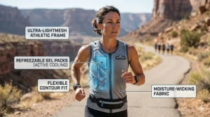 An athlete wearing a lightweight refreezable gel cooling vest during a long-distance run in sunny weather.