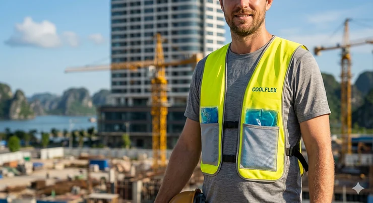 A person wearing a high-visibility removable ice pack cooling vest while working outdoors in the heat. removable ice pack cooling vests