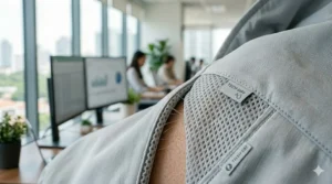 Close-up texture of the breathable, moisture-wicking mesh lining used in office-ready cooling vests.