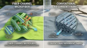 Close-up texture comparison of different cooling towel materials for outdoor use.