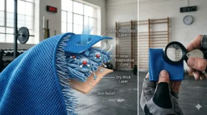 A cross-section diagram of cooling towel fabric layers showing how moisture evaporates to regulate body temperature during workouts.