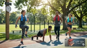 An icon-based graphic showing a cooling towel providing UPF 50 protection for outdoor gym sessions and running.