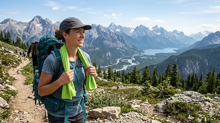 A hiker wearing a blue cooling towel around their neck while trekking on a sunny mountain trail. cooling towels for hiking and camping