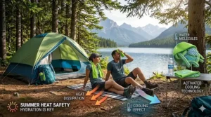 Campers relaxing outside a tent using cooling towels to stay comfortable in the summer heat.