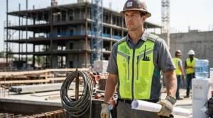 A construction worker wearing a high-visibility lime green soak and wear cooling vest on a sunny job site.