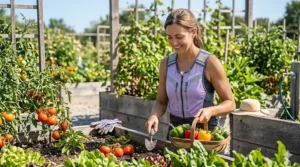 A woman wearing a lavender soak and wear cooling vest while gardening during a summer heatwave.