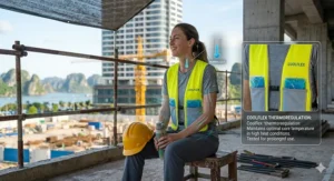 A person using a discreet cooling vest with removable ice packs to manage heat sensitivity symptoms.