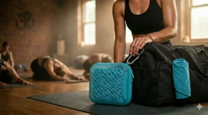 Close-up of reinforced stitching on a premium yoga cooling towel to prevent fraying.