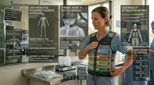 An illustration of a nurse moving freely while wearing a flexible PCM cooling vest, emphasizing mobility and comfort during active shifts.