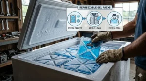 A step-by-step graphic showing gel packs being placed in a freezer for a refreezable cooling vest.