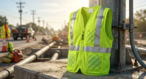 A reflective lime-green polymer crystal cooling vest designed for roadside safety and heat management.