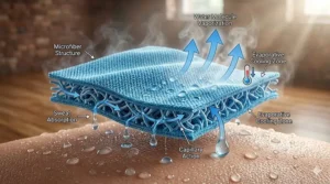 Diagram illustrating the evaporative cooling process of a microfiber towel for yoga.
