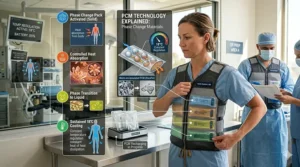 Technical diagram showing how Phase Change Material (PCM) absorbs body heat and solidifies to provide constant cooling for medical staff.
