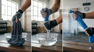 Illustration showing the three-step process to activate a cooling towel: soak, wring out, and snap in the air.