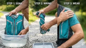Three-step infographic showing how to soak, wring, and wear a cooling vest for instant evaporative relief.