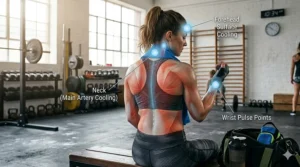 Illustration highlighting the pulse points—neck, wrists, and forehead—where cooling towels provide the most relief during intense exercise.