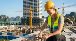 A construction worker wearing a blue removable ice pack cooling vest over a t-shirt on a sunny job site.