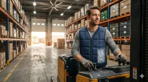 Warehouse employee wearing a polymer crystal cooling vest while operating a forklift in a high-temperature facility.