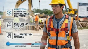 Worker at a construction site wearing a top rated refreezable gel cooling vest under a safety harness.