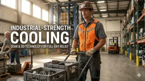 A warehouse worker using an orange industrial-strength soak and wear cooling vest for full-day heat protection.