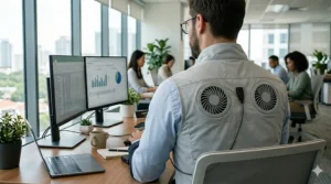 Close-up of the discrete integrated fans located on the back of a USB-powered cooling vest.