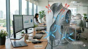 Illustration showing the internal air circulation path within a USB powered cooling vest to keep the torso cool.