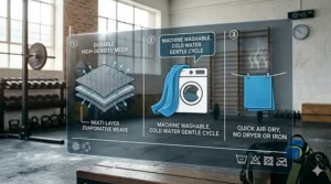 A simple illustration of a washing machine and air-dry symbol indicating how to clean cooling towels for gym workouts.