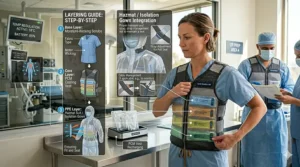 Illustration demonstrating how a slim-profile PCM cooling vest fits comfortably under standard medical PPE and hazmat suits.