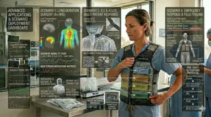 A multi-panel illustration showing PCM cooling vests used in ICU units, dental surgeries, and emergency response scenes.
