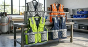 A variety of polymer crystal cooling vests for work shown in different colors like navy, silver, and hi-vis orange.