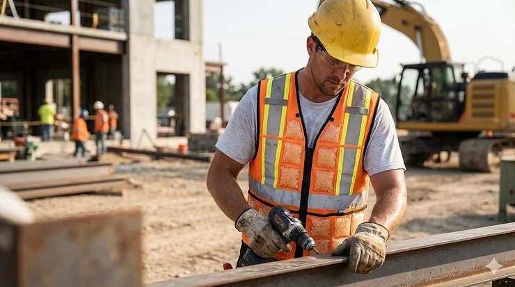 A heavy-duty polymer crystal cooling vest worn by a construction worker on a sunny outdoor job site. polymer crystal cooling vests for work