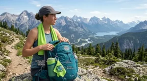 A compact, folded cooling towel tucked into the side pocket of a hiking backpack.