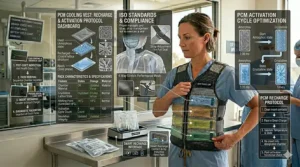 Illustration showing PCM cooling inserts being recharged in a refrigerator or cold water for rapid reuse in a clinical setting.