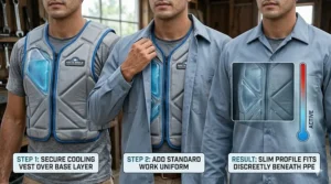 Illustration demonstrating how a slim-profile gel cooling vest fits comfortably under a standard work shirt.
