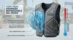 Illustration showing the internal gel packs of a high performance cooling vest and how they absorb body heat.
