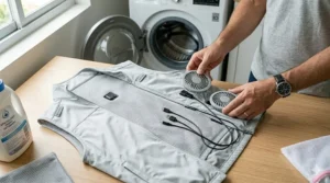 Demonstration of how to remove the USB fans and cables from the vest before machine washing.